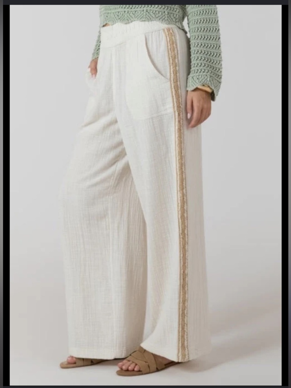 Wide Leg linen Cream Pants with crochet Trim